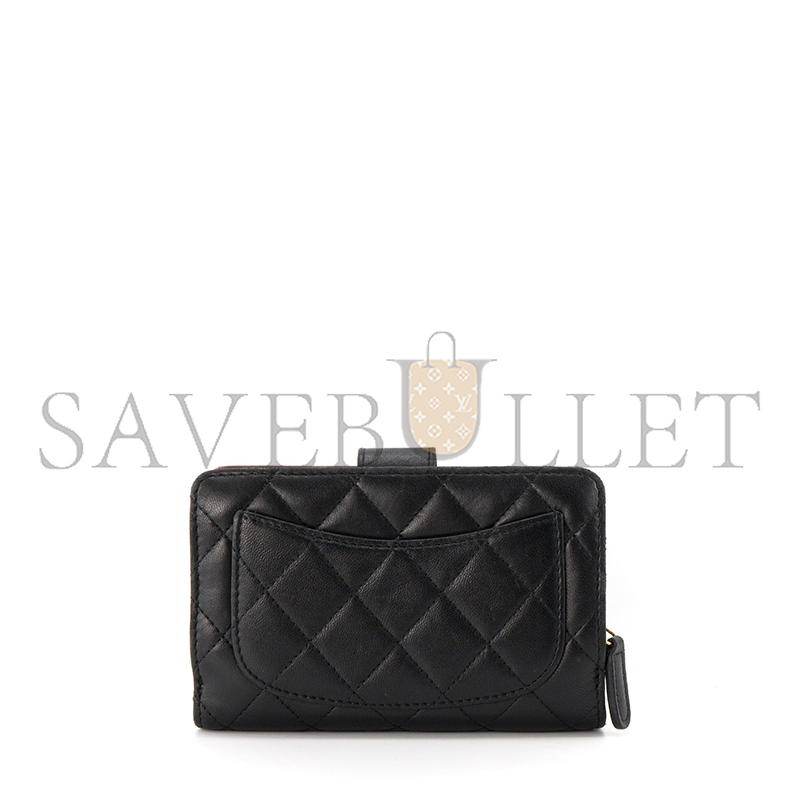 CHANEL BLACK QUILTED LAMBSKIN LEATHER L-ZIP COMPACT FRENCH PURSE WALLET A48667 (15*10*2.5cm)